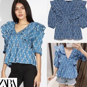 ZARA 100% Cotton Embroidered Eyelet Ruffle Blouse